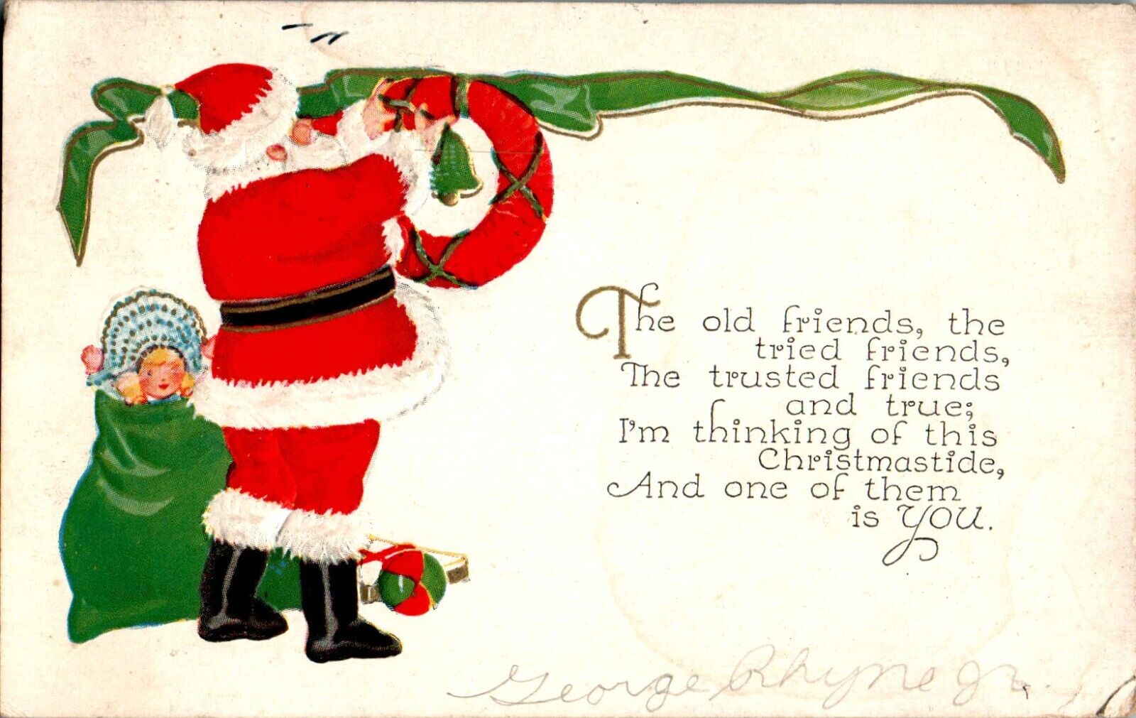 Christmas, Santa Claus, Toys, Wreath, Poem 1936 Embossed Postcard