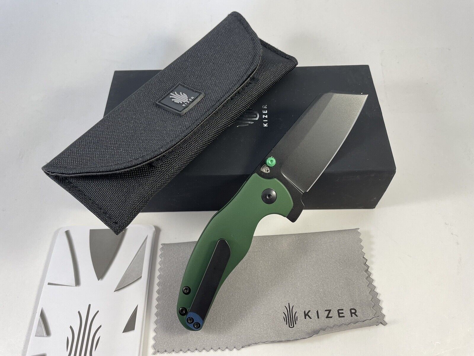 Kizer Exclusive Mini Sheepdog  Green Aluminum Black CPM-4V w/ Thumb Studs Added