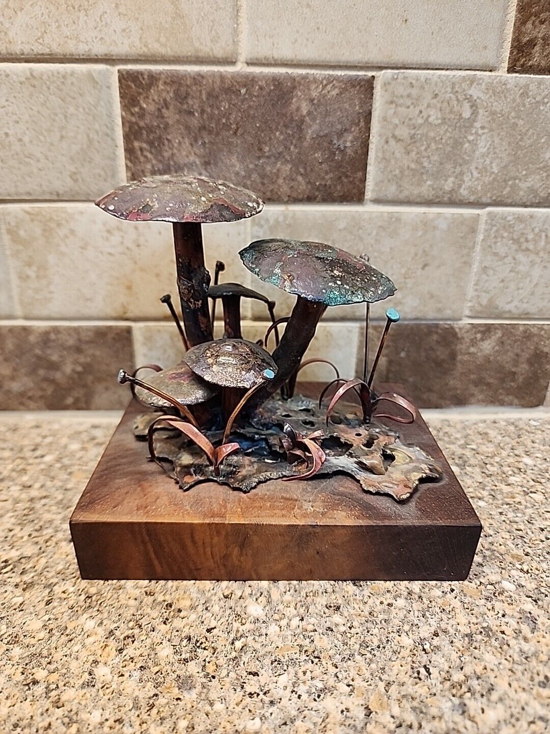 Vintage Hand Crafted Copper Mushrooms Sculpture With Wood Base Unique Unusual