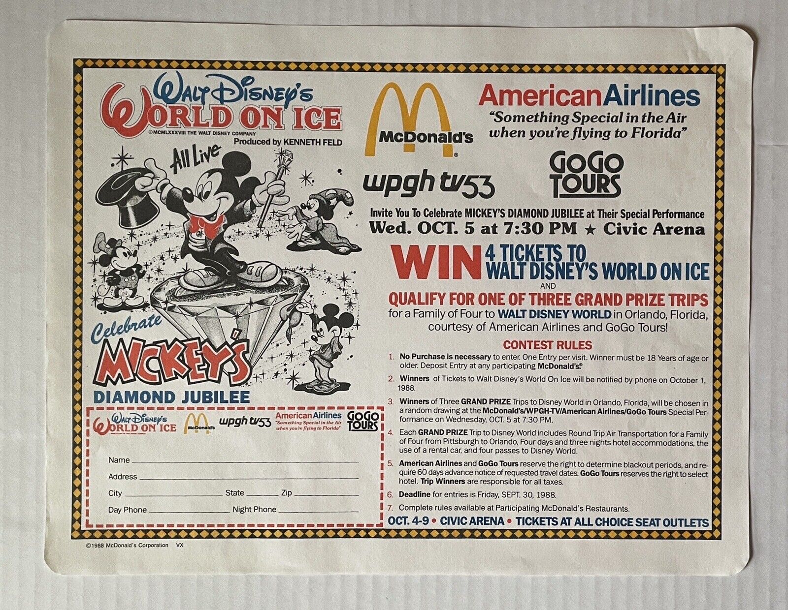 McDonalds Vtg Placemat Tray 1988 Walt Disney’s World On Ice contest Orlando