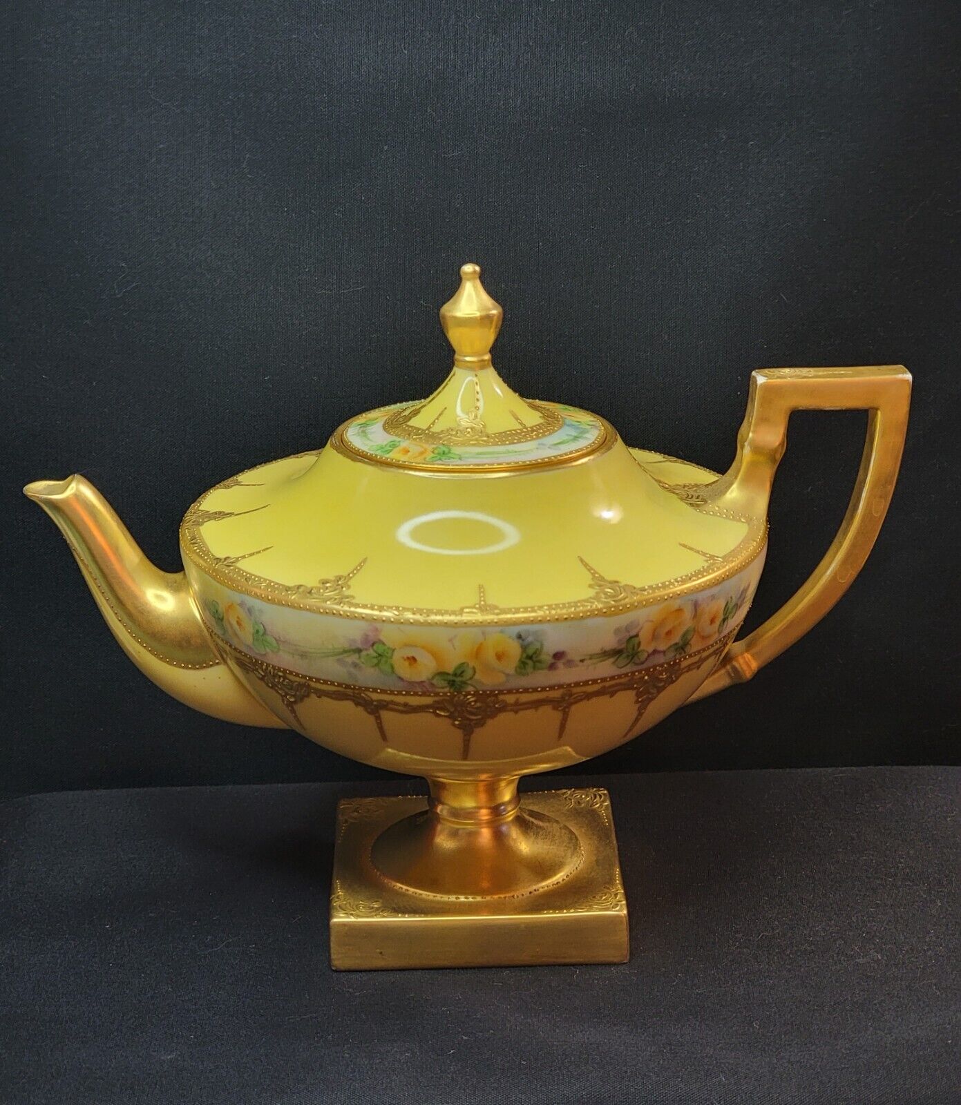Antique Lenox Belleek Teapot - Yellow w/ Roses & Embossed Gold Trim