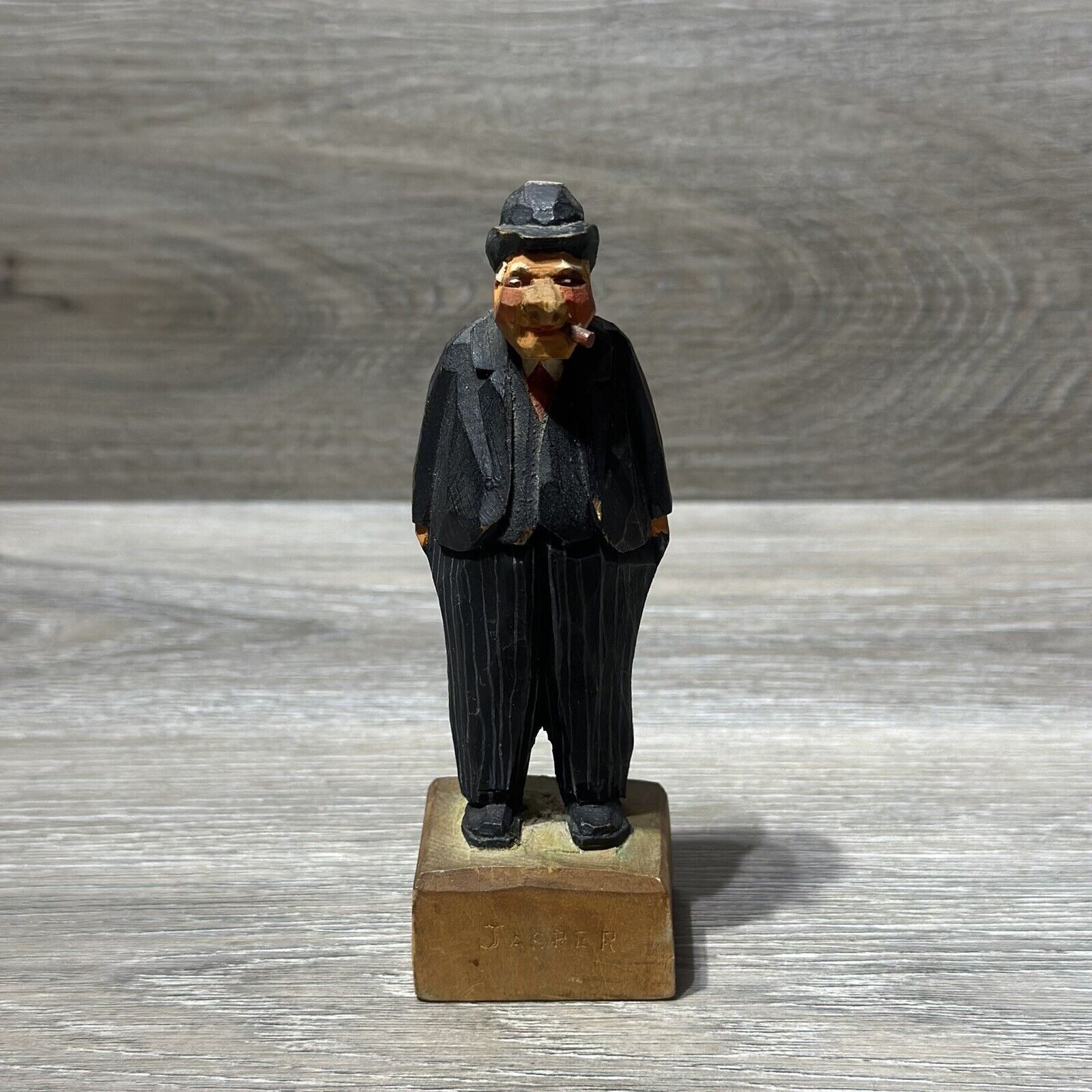 Antique folk art wood carving Boss Tweed Signed Painted Hand Carved 5” Tall