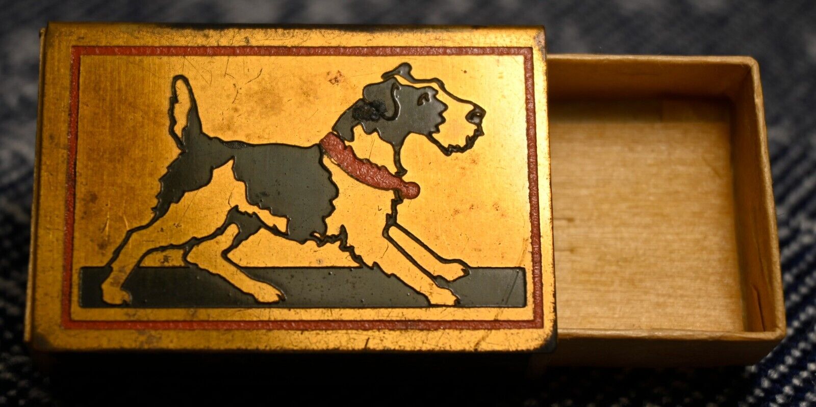 Antique small Metal Matchbox with Dog and Flower Motif. 1800\'s .  Real wood box
