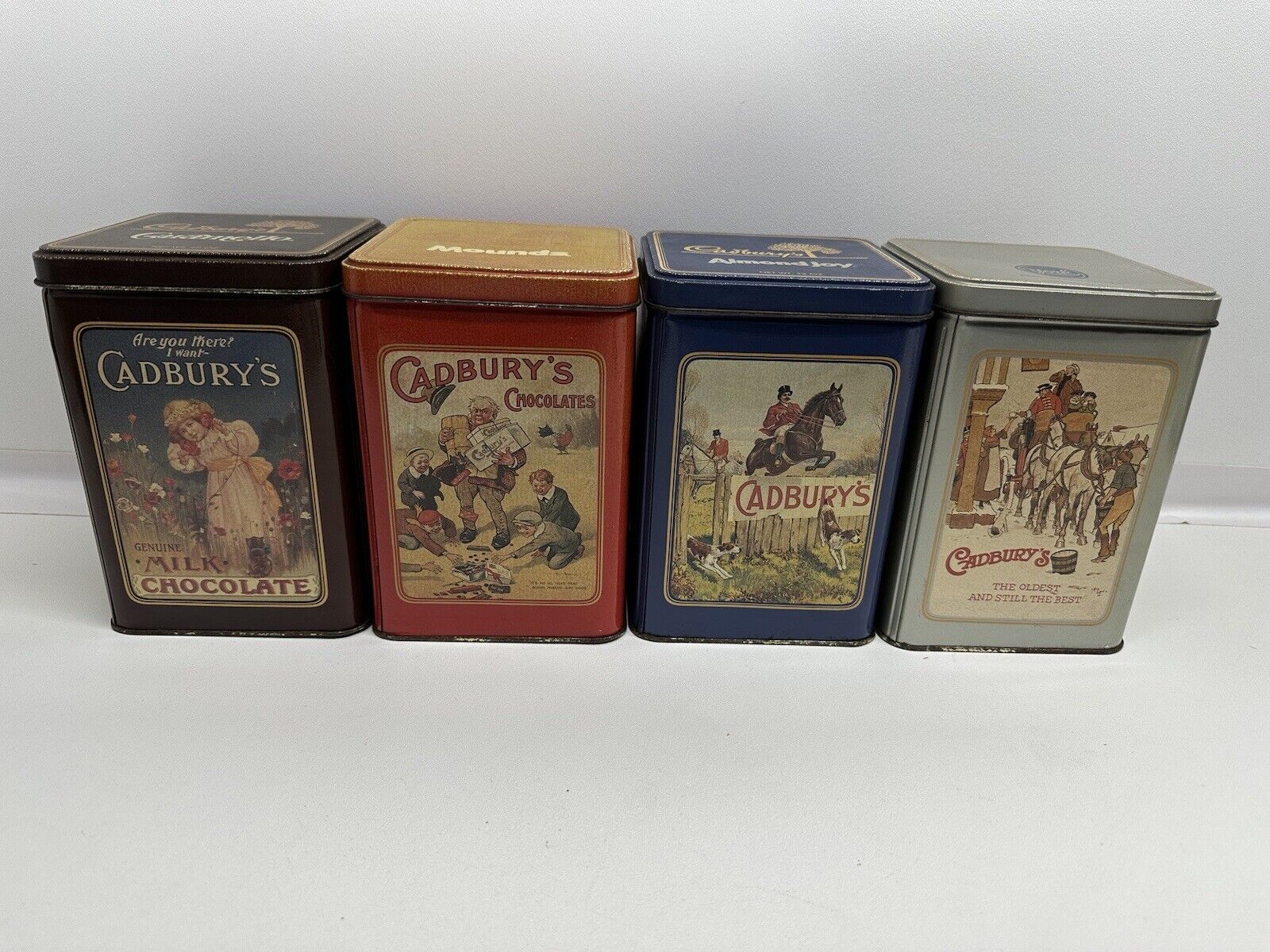 Cadbury’s Set Of 4 6”H Empty Tins: York Patties Almond Joy Mounds Caramello Lot