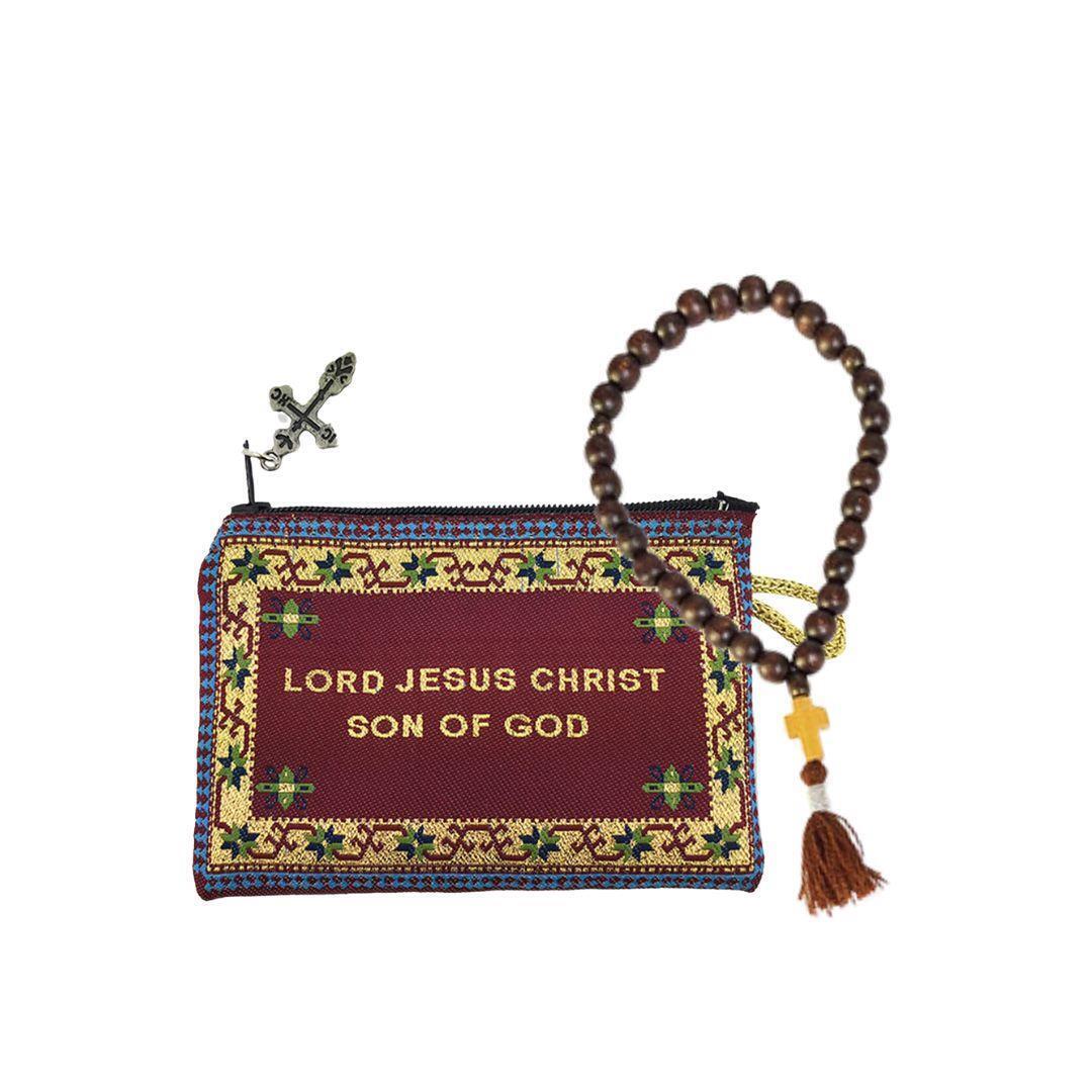 Red Have Mercy Jesus Christ Zipper Tapestry Pouch 33 Bead Prayer Beads 4.25 In