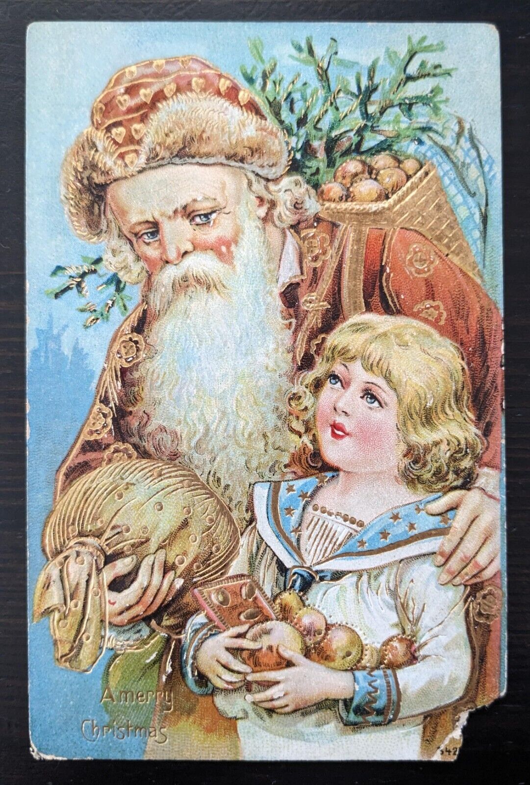 Old World Santa Claus Brown Coat with Child Gold Accents Christmas Postcard