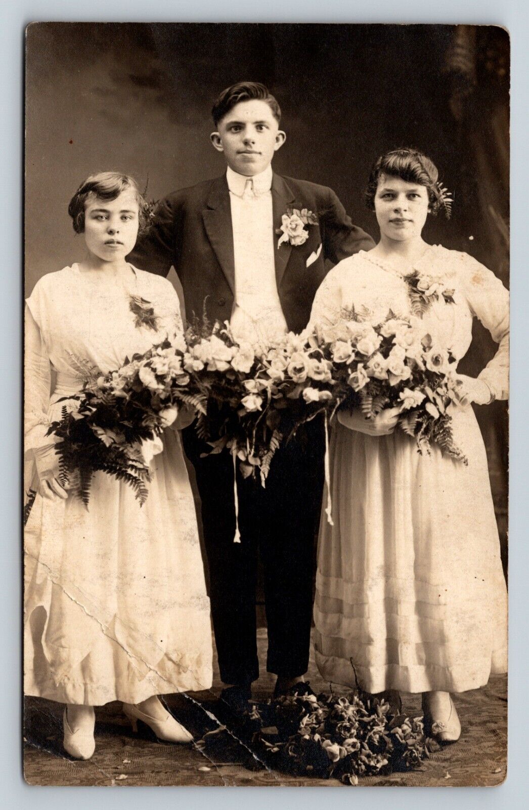 RPPC Man with Two Women with Wedding Flowers CYKO 1904-1920s VTG Postcard 1421