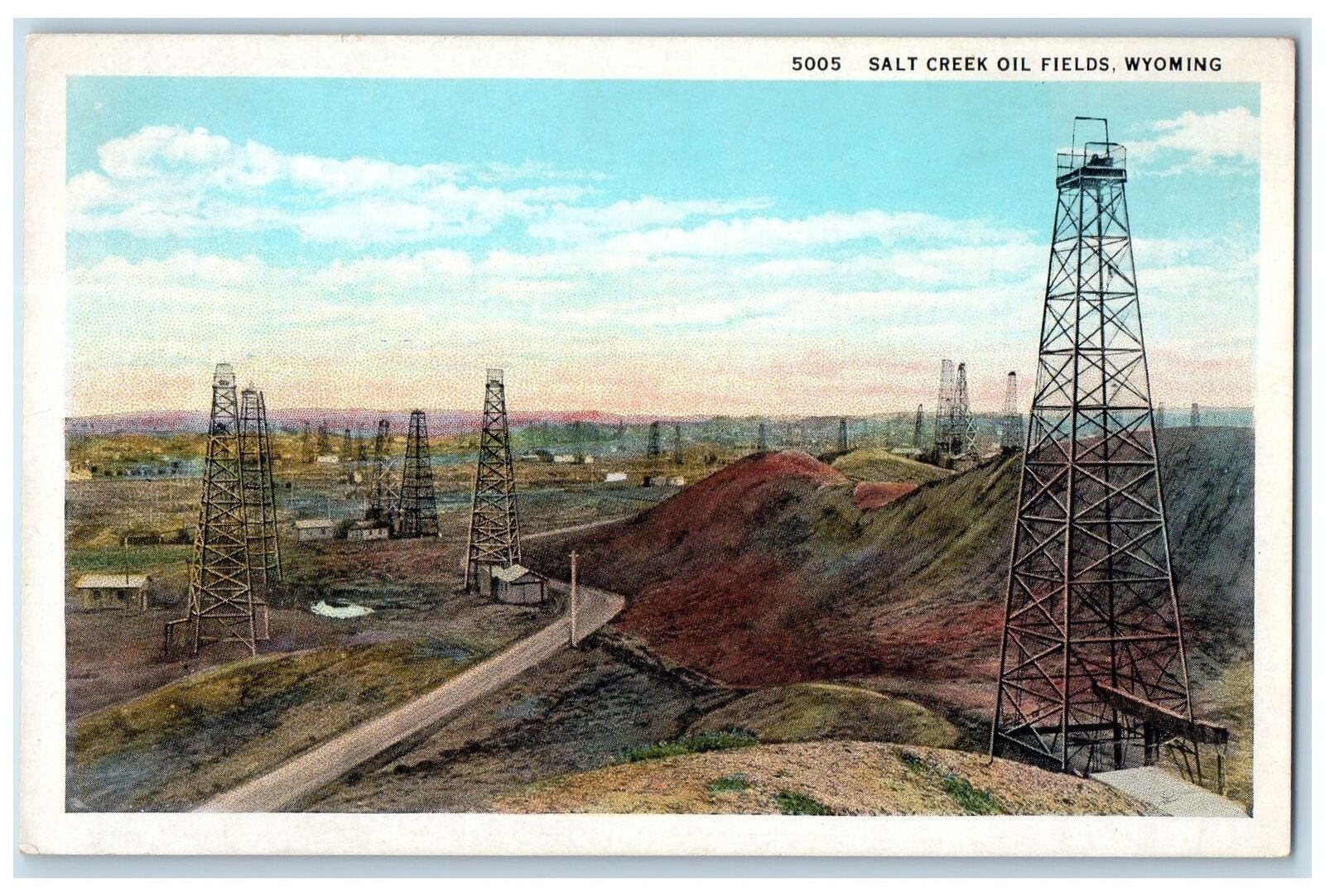 c1950's Salt Creek Oil Fields Truss Towers Dirt Road Hills Wyoming WY Postcard