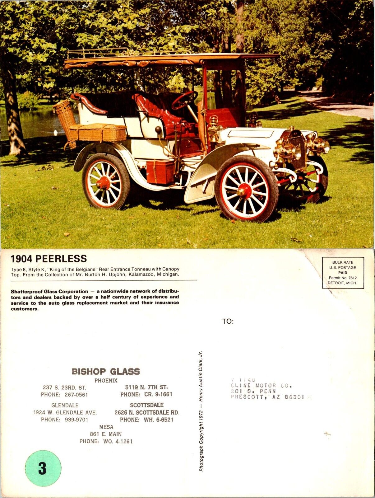 1904 Peerless Vintage Car 6x9 Bishop Glass Advertising Postcard c1940s