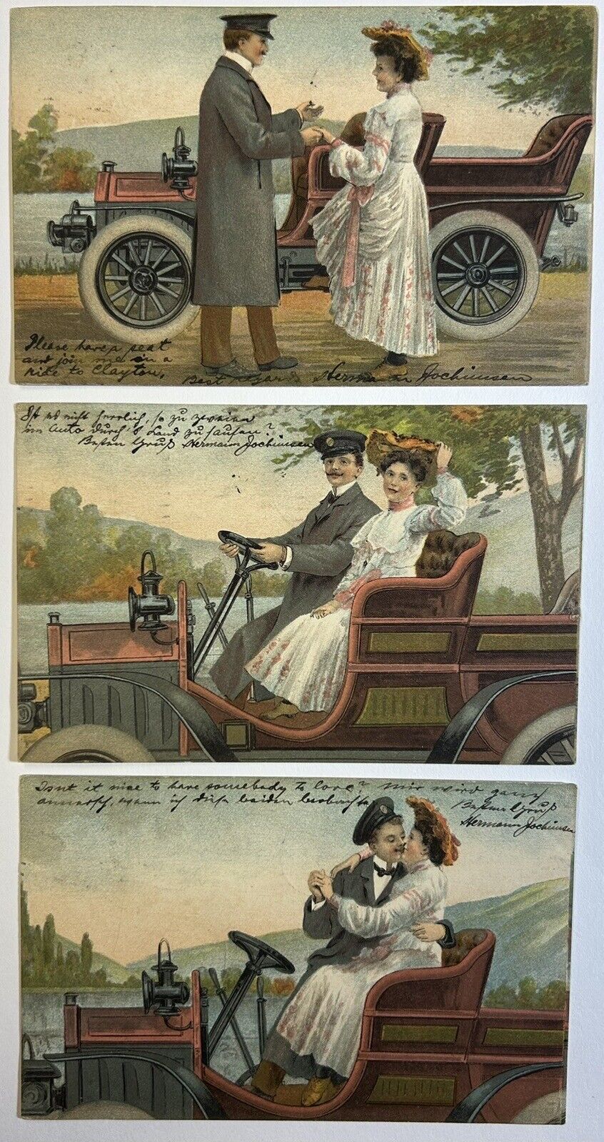 ABD 3 Postcard Set, Antique, Man Courting Woman Postcards, Car, Posted 1906