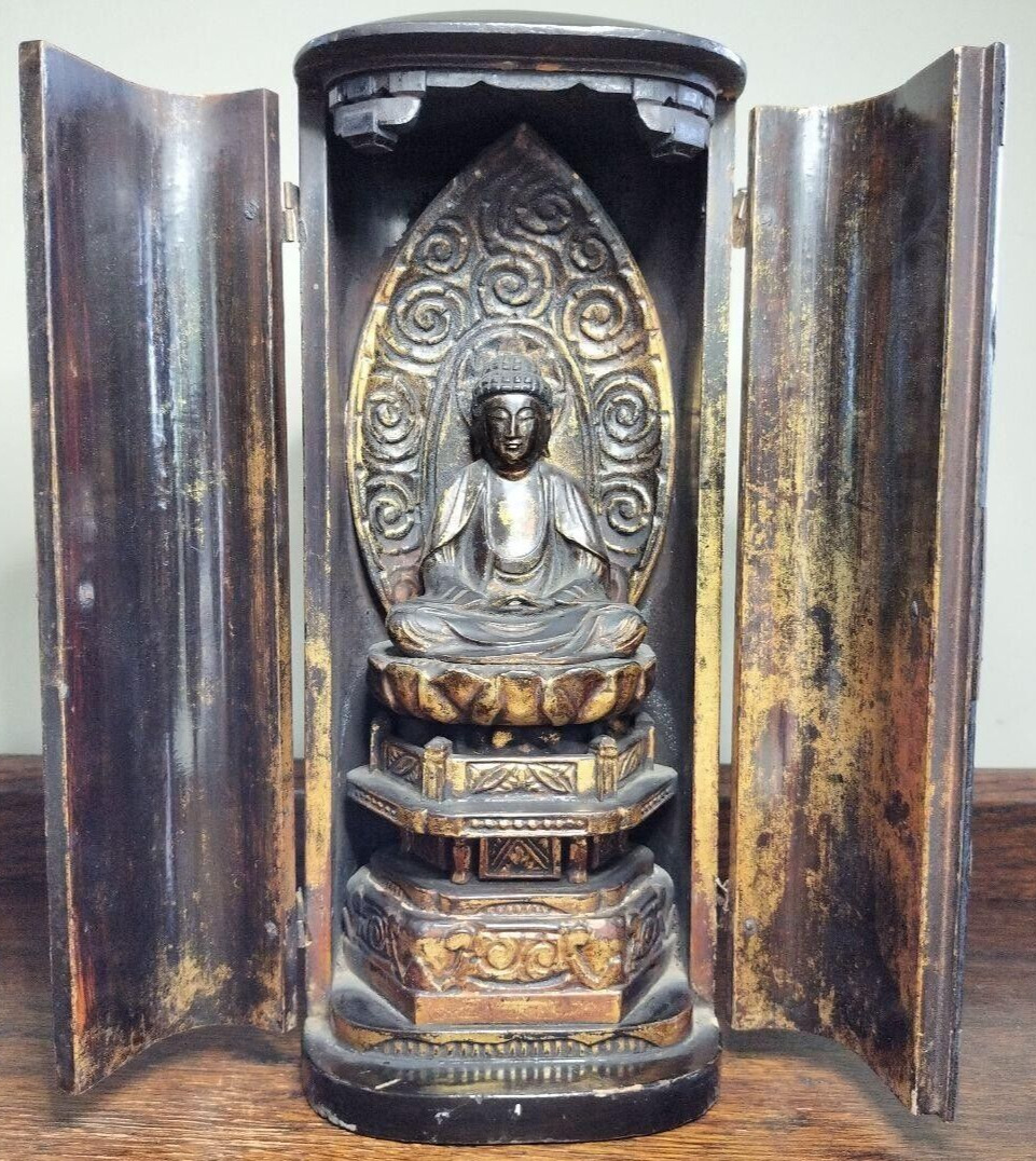 Antique Japanese Edo era Wood Carving Amida Buddha Statue W/ Zushi H10.6inch FS