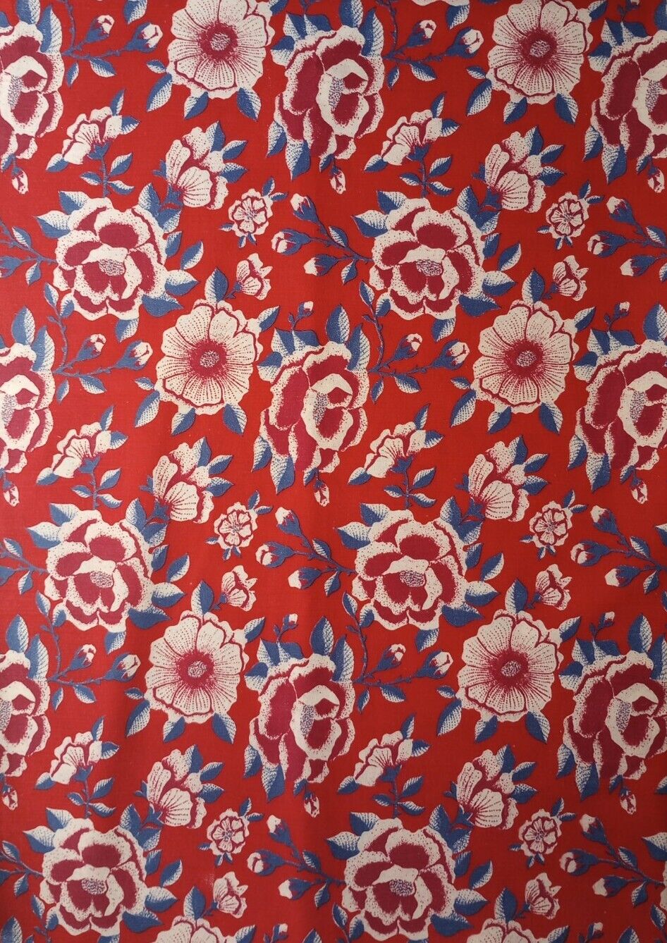 Vintage 40s 50s FABRIC 30 Wide Red White Flowers Blue Dressmaking Fabric BTY