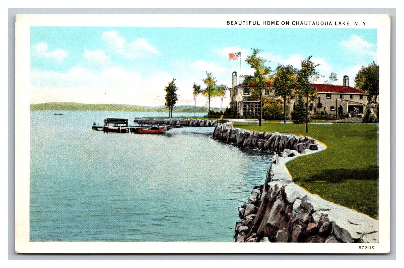 Chautauqua Lake New York Beautiful Home Boat View White Border Postcard