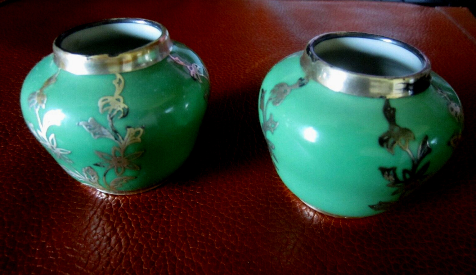 2 Vintage Johann Haviland Bavaria Germany Miniature Vases Green & Silver Overlay