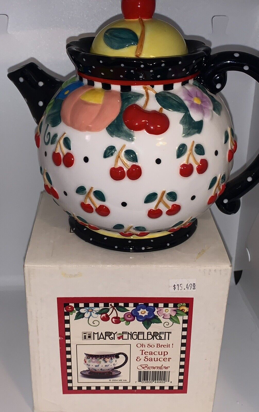 Mary Engelbreit Oh So Breit Teapot Cup Cherries Flower Blk Red Yellow Polka Dots