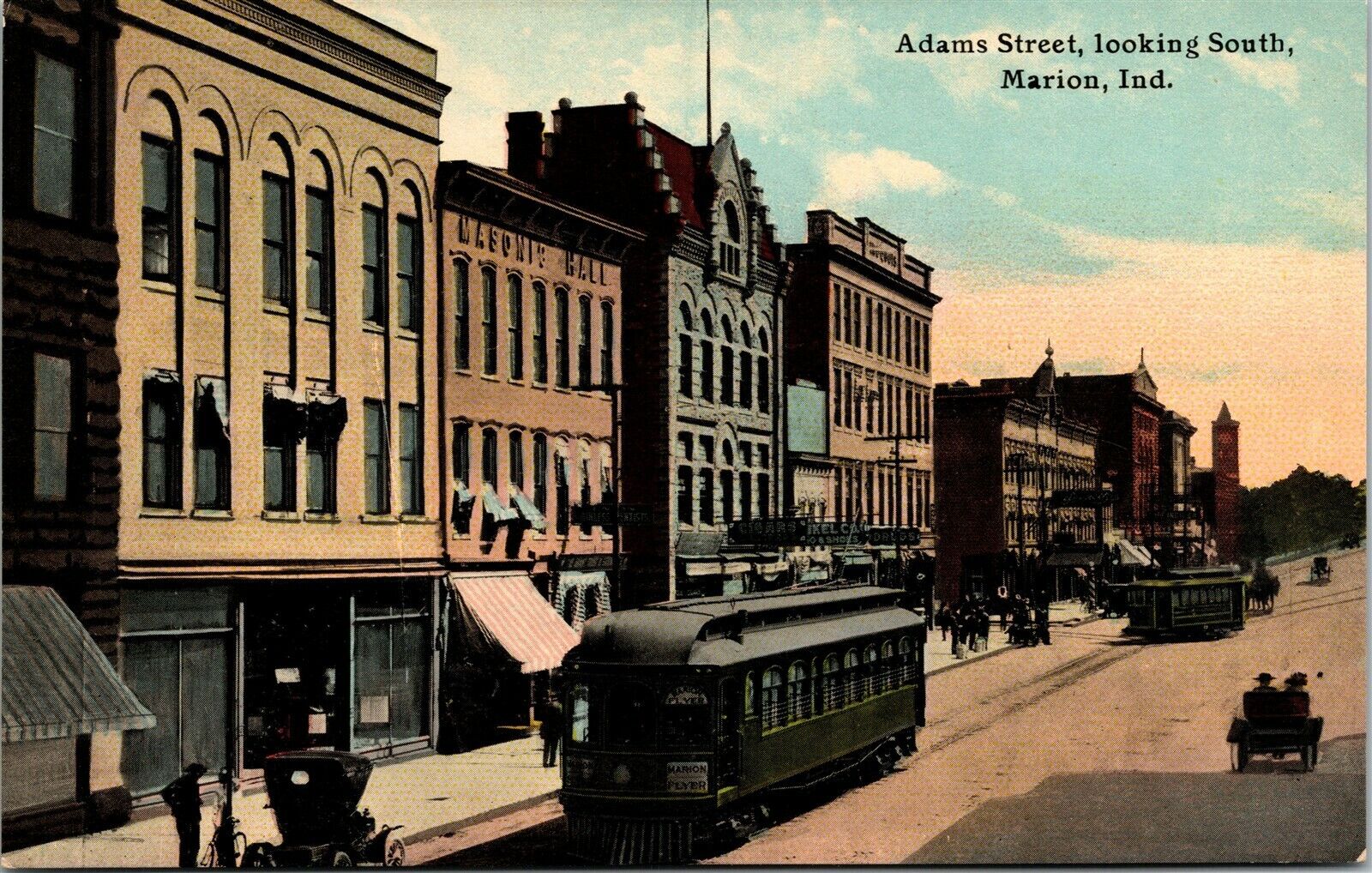 Postcard IN Marion Adams Street Looking South Masonic Hall Streetcars C.1910 M16