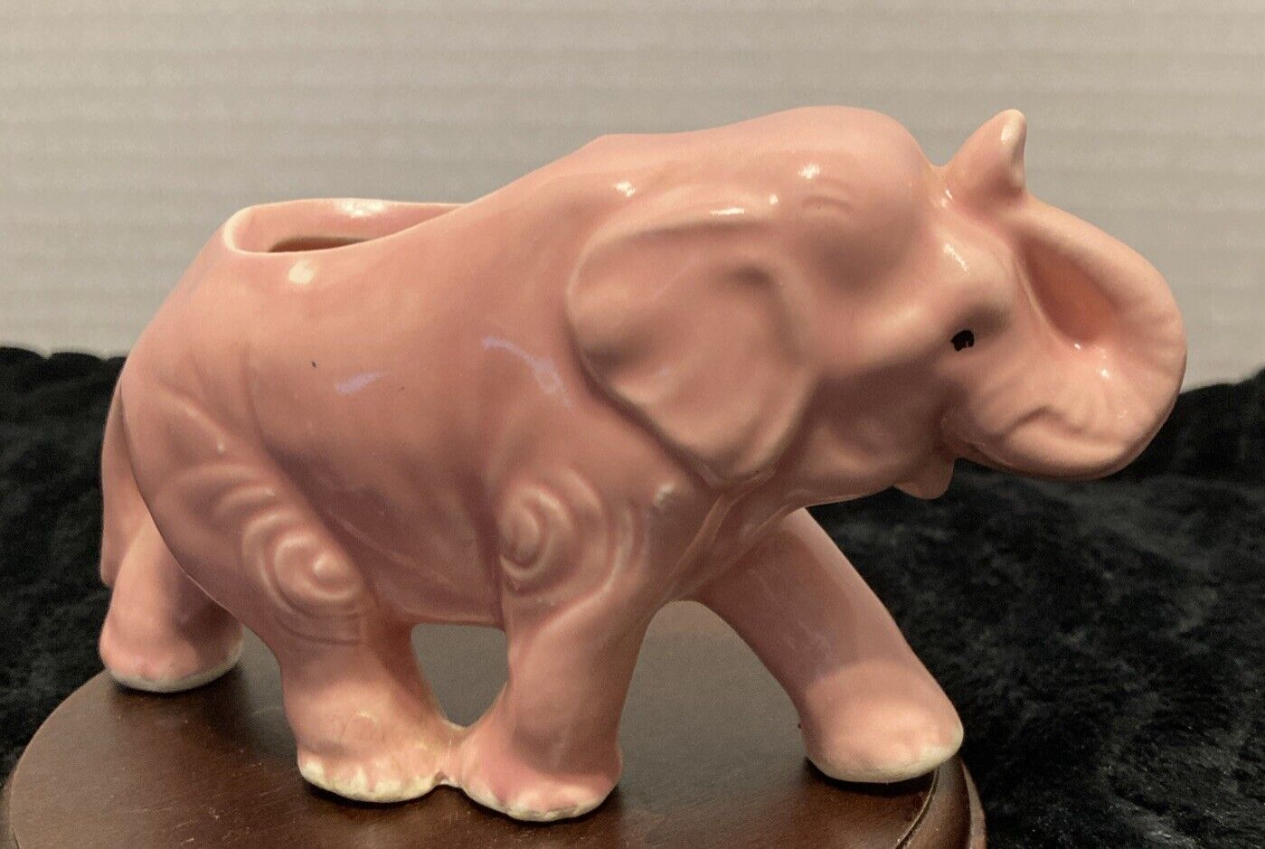 Vintage Ceramic Pink Trunk Up Elephant Planter For Small Plants