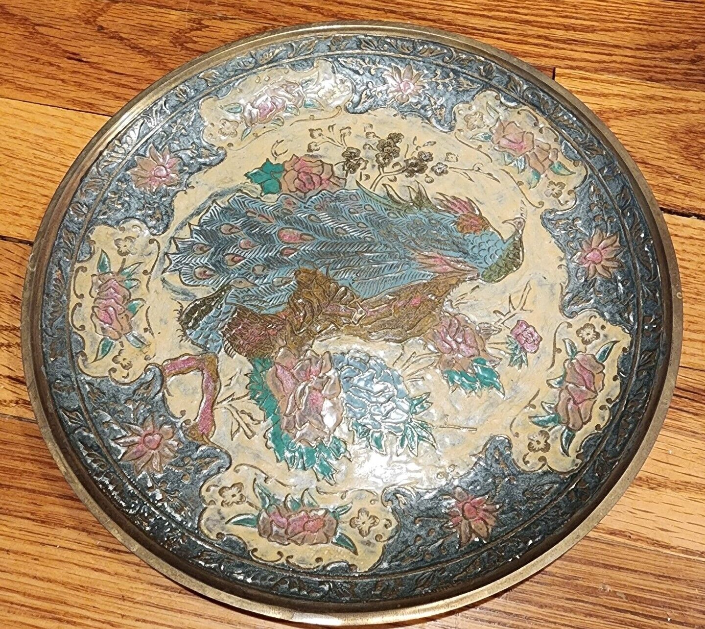 1970s Vintage Brass Peacock  Handcrafted Enameled Etched  Decorative Plate 8”