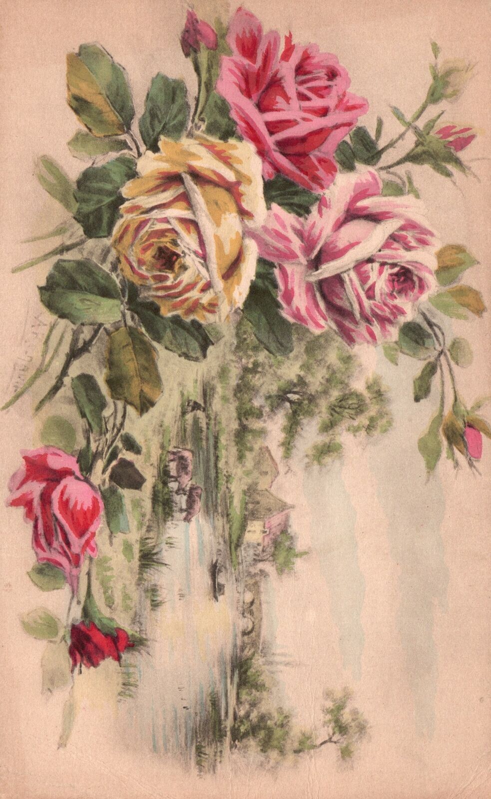 Vintage Postcard Remembrance Card Flower Design With Landscape Background