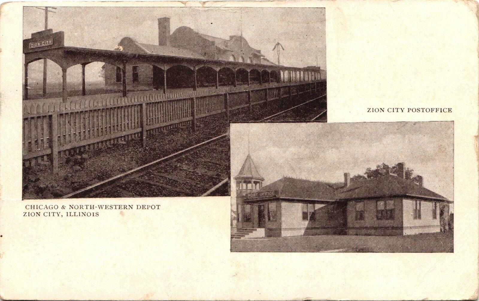 C&NW DEPOT, POST OFFICE picture postcard ZION CITY ILLINOIS IL train station