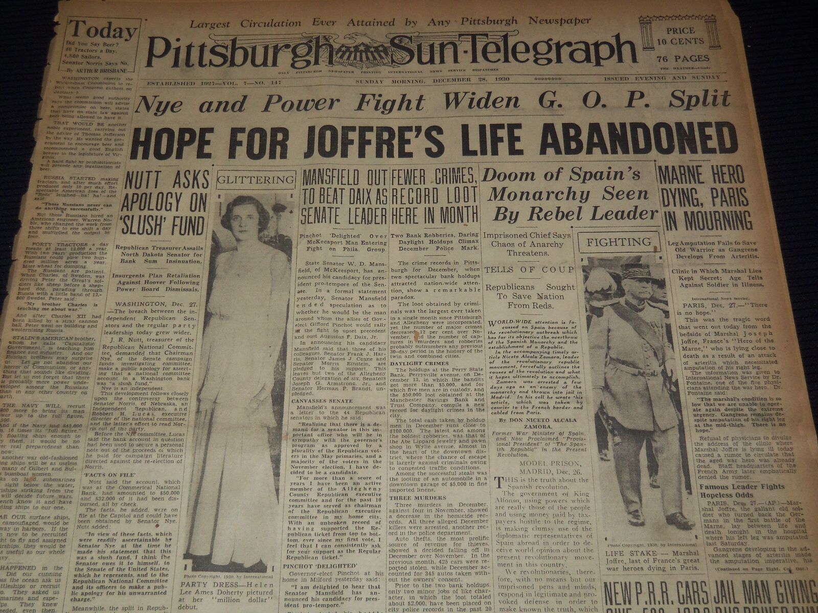 1930 DECEMBER 28 PITTSBURGH SUN NEWSPAPER - MARSHAL JOFFRE DYING - NT 9576