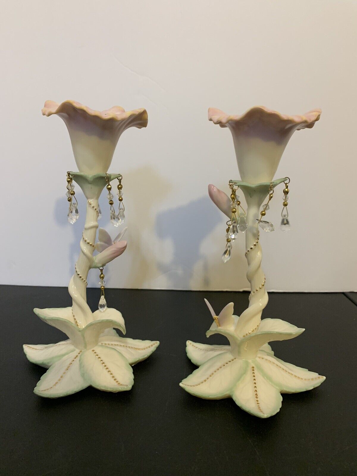 Lenox Morning Glory Flower Butterfly Candle Stick Holders 2003