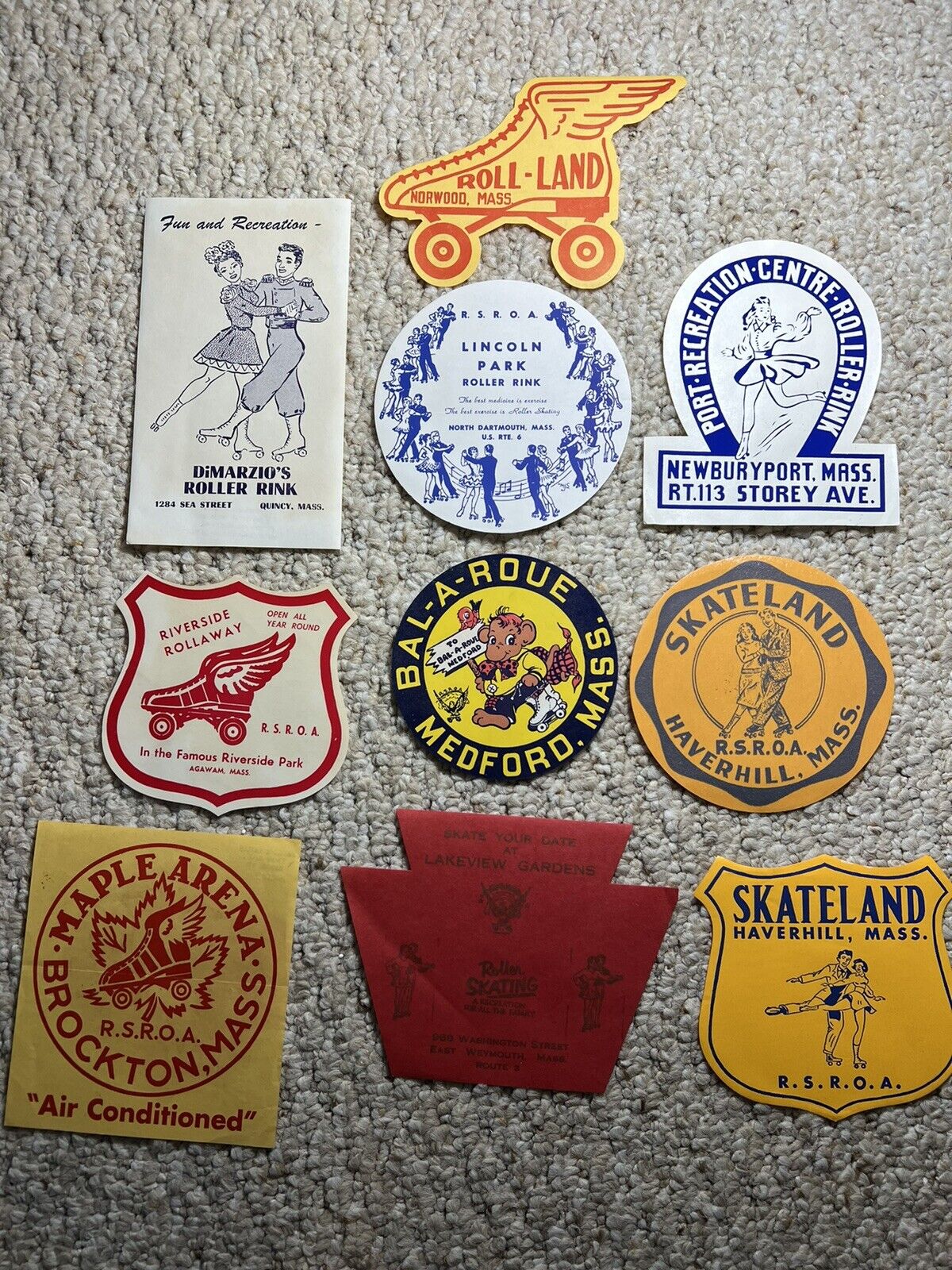 Vintage Roller Skating Sticker Decal Massachusetts Rink Labels Lot Of 10