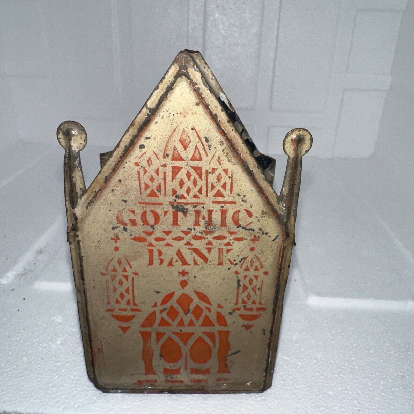 Early American ￼1880s GOTHIC CHURCH Tin House￼ Antique Toy￼ Penny Bank 6