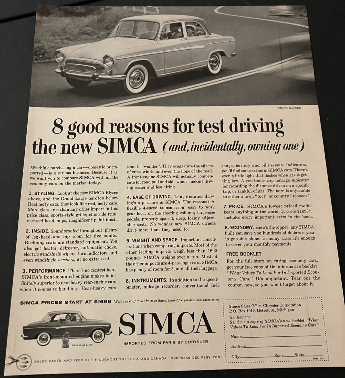 Chrysler Simca Elysee - Vintage Original Automotive Print Ad / Wall Art - CLEAN