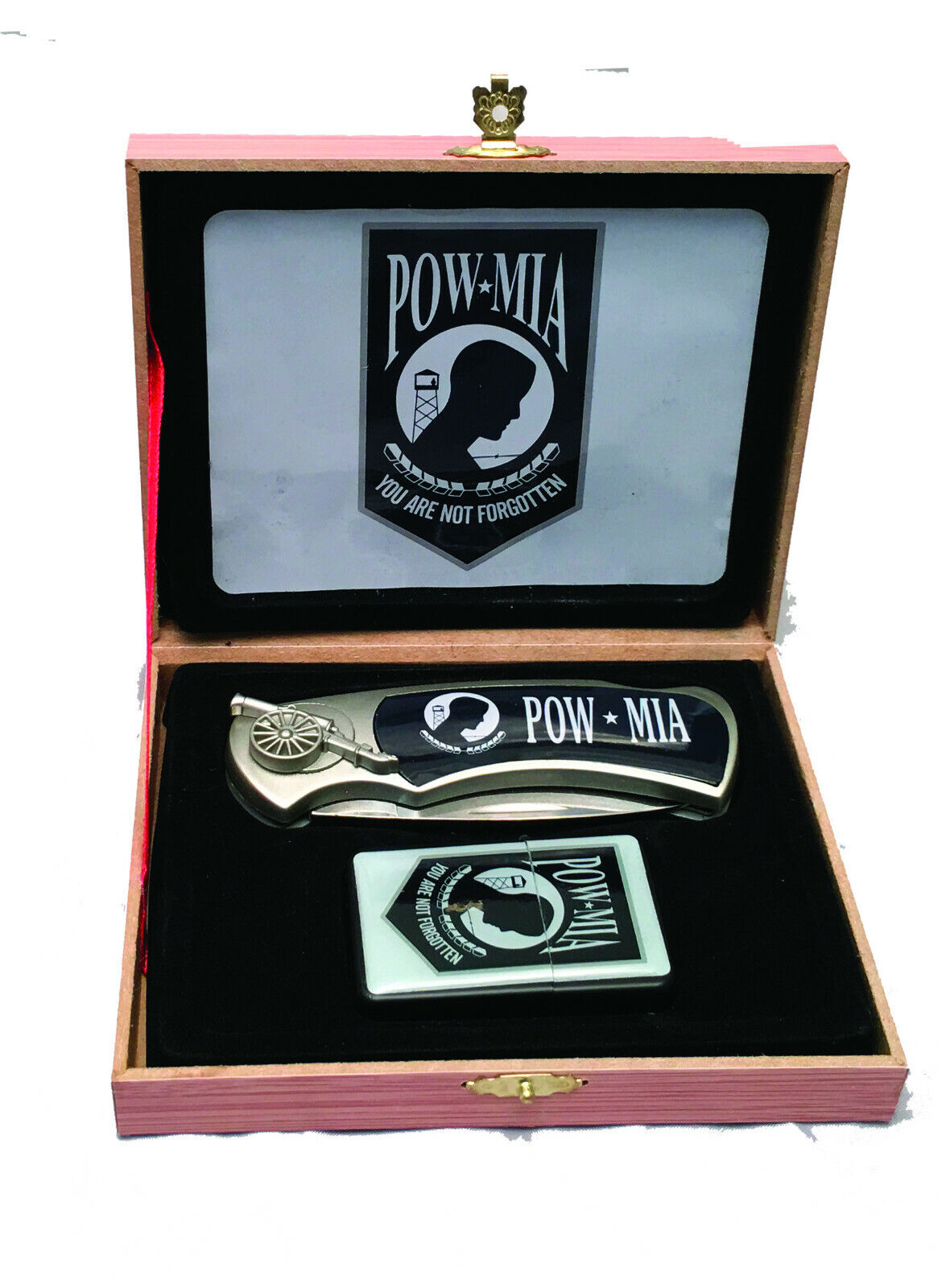 Knife Collector POW MIA Folding Knife & Lighter Wood Box Set Gift Box