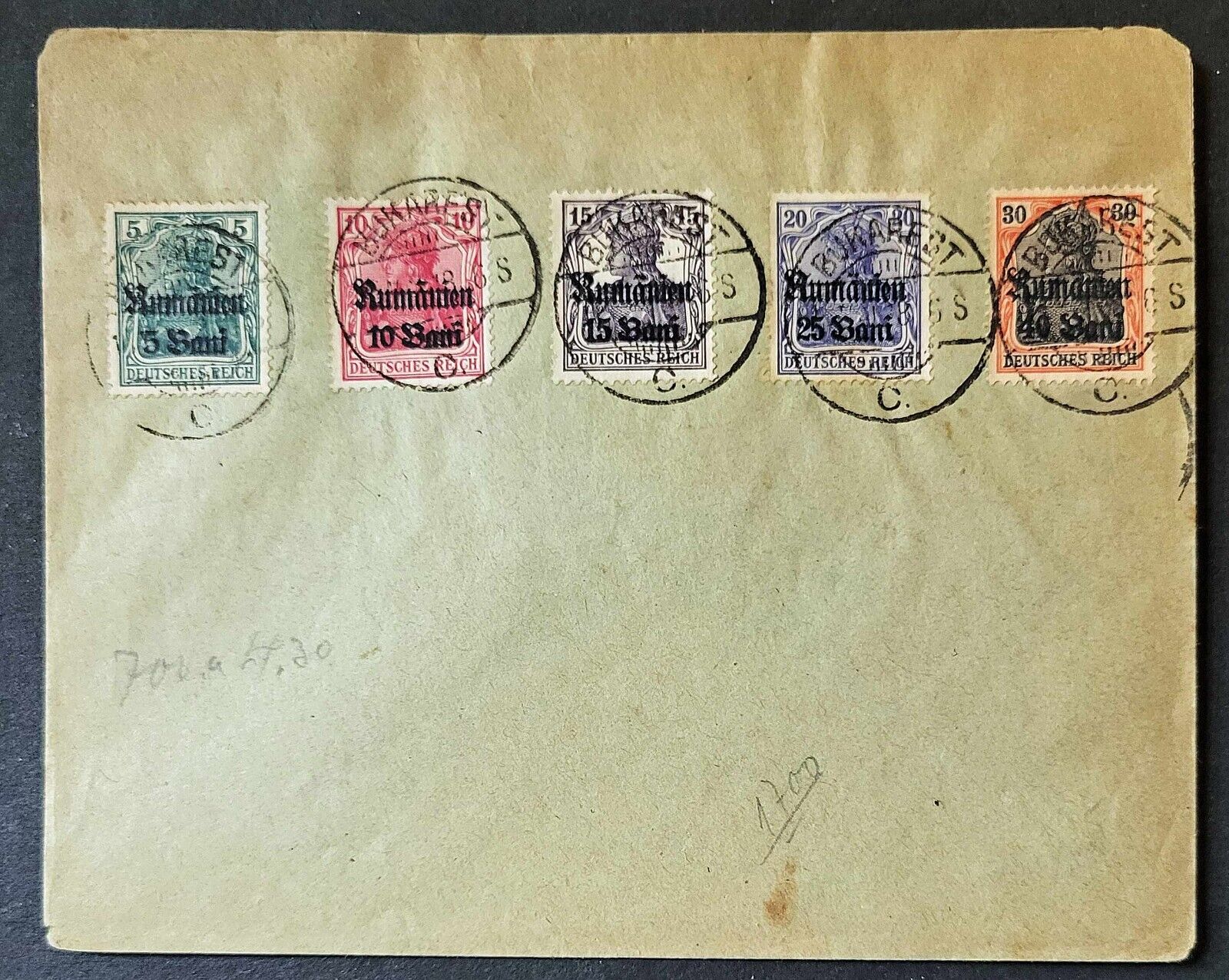 WW1 German occupied Romania cover w/ 5 overprint stamps 