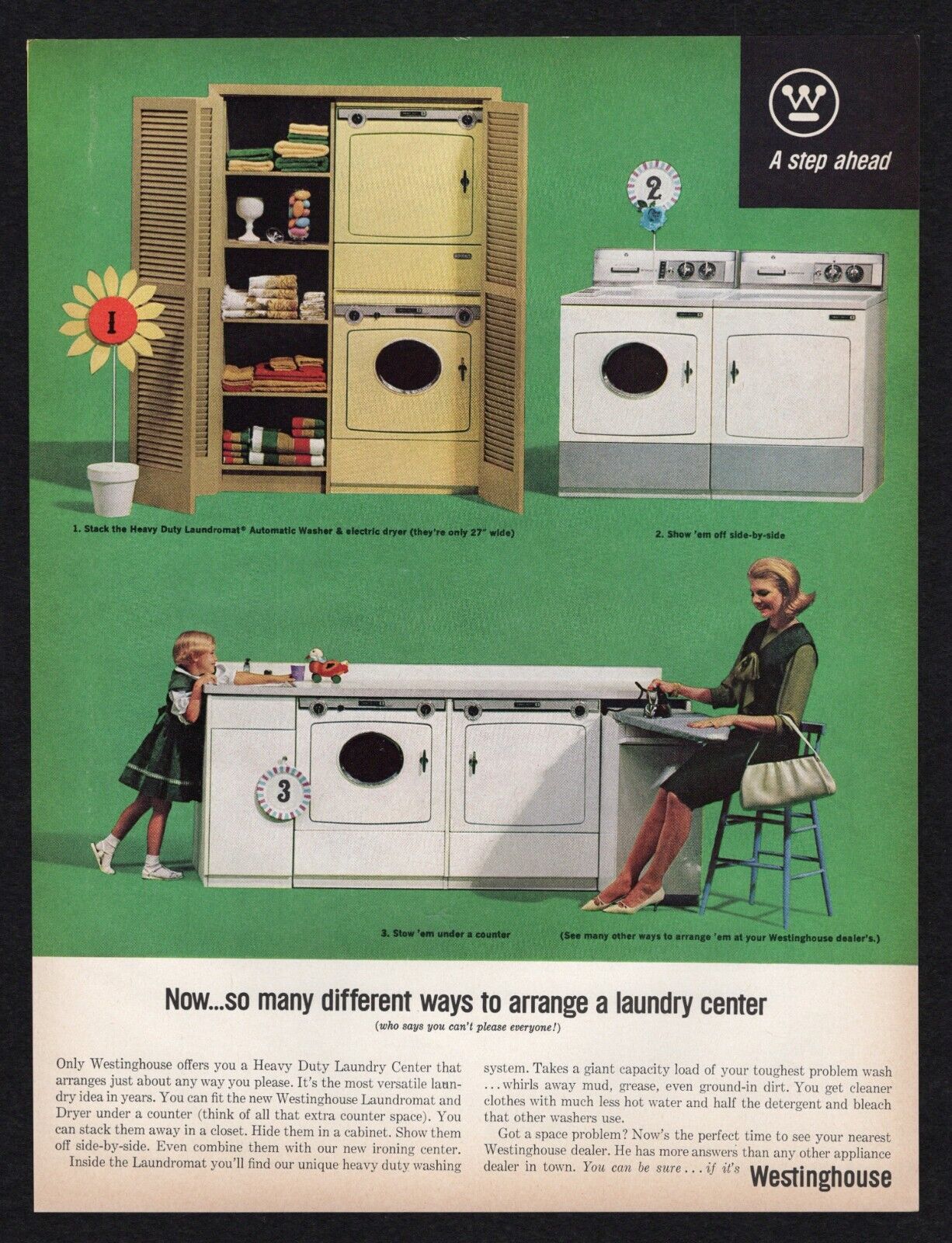 1964 Westinghouse Arrange Laundry Center Step Ahead Stack Side Counter Print Ad