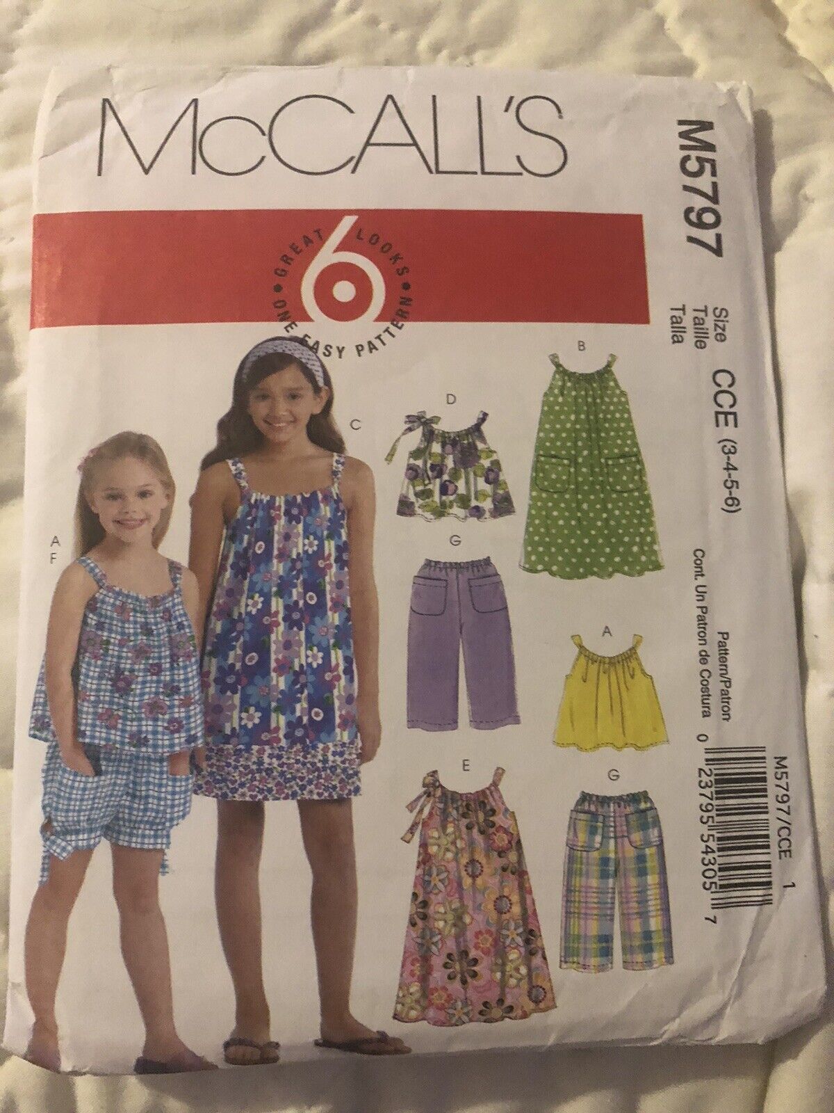 McCall\'s M5797 Girls Sz3-6, Summer Tops Sun Dresses Shorts+ Pants, CC
