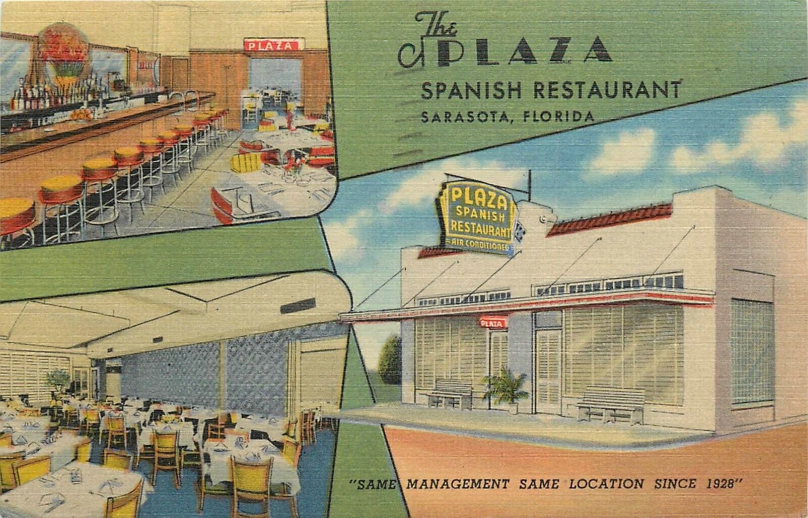Postcard 1952 Sarasota Florida Plaza Spanish Restaurant interior 24-5421