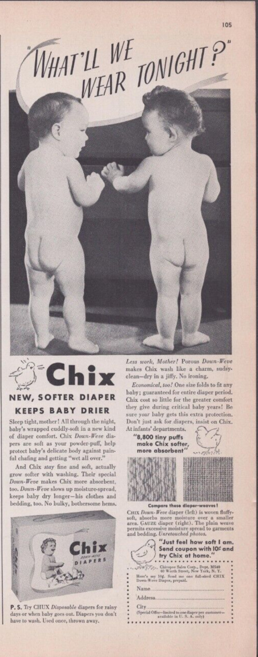 1940 Print Ad Chix Diapers What\'ll We Wear Tonight? Two Babies Also Disposable
