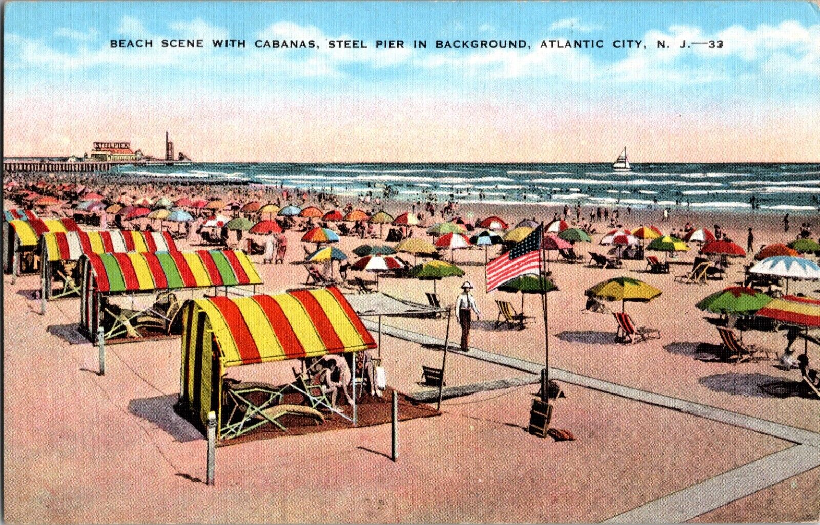 VTG Postcard, Beach Scene with Cabanas, Steel Pier in Background, Atlantic City