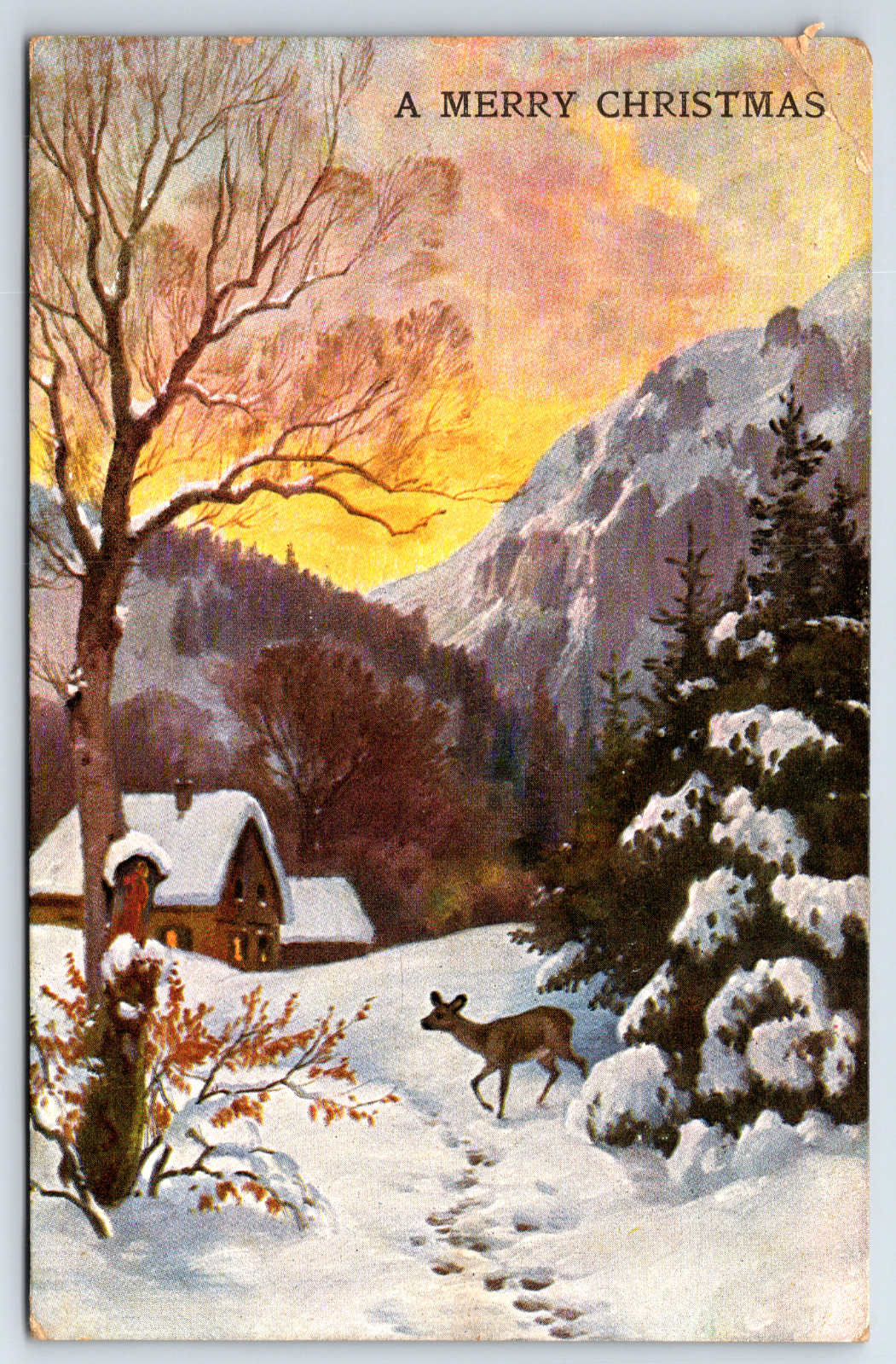 A Merry Christmas Antique Postcard Early 1900\'s Rare House Trees Snow Deer