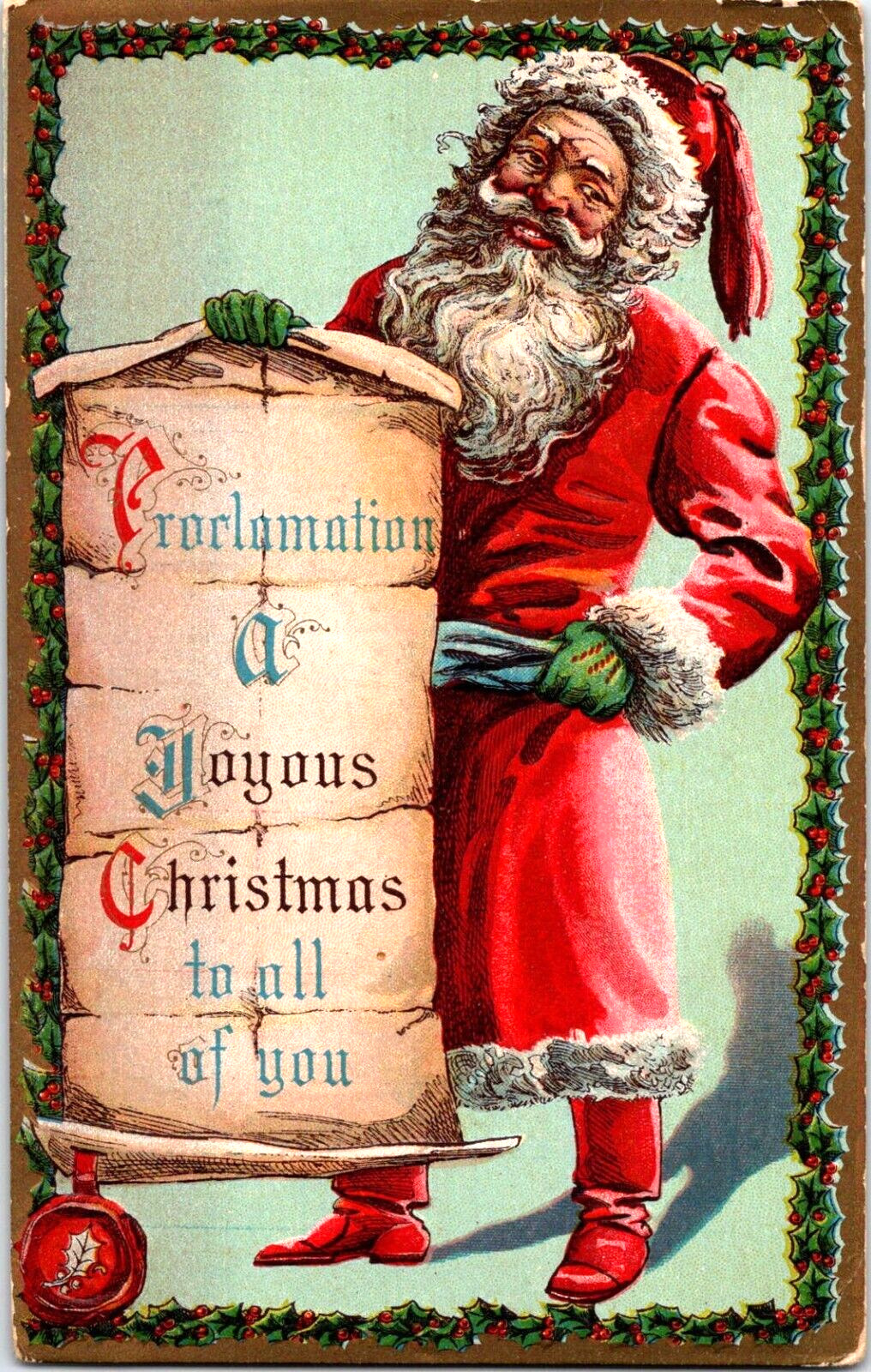 c1910 Christmas Postcard Dark Skinned Santa Green Gloves Wishes Joyous Christmas