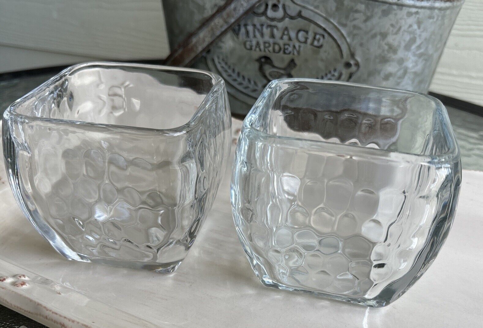 Set of 2 Partylite Heavy Glass Square Dimpled Votive Candle Holders 3.25 Inch