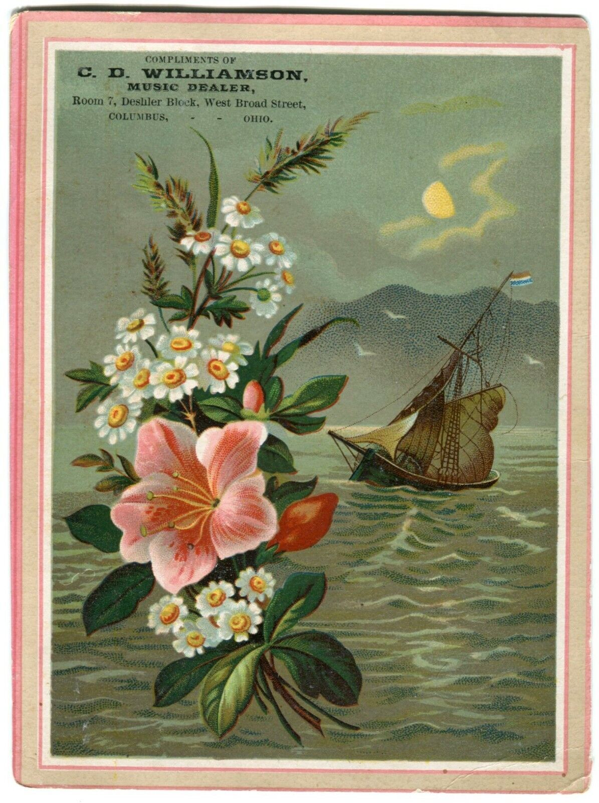 Antique Nautical Victorian Trade Card CD Williamson Music Dealer Columbus Ohio