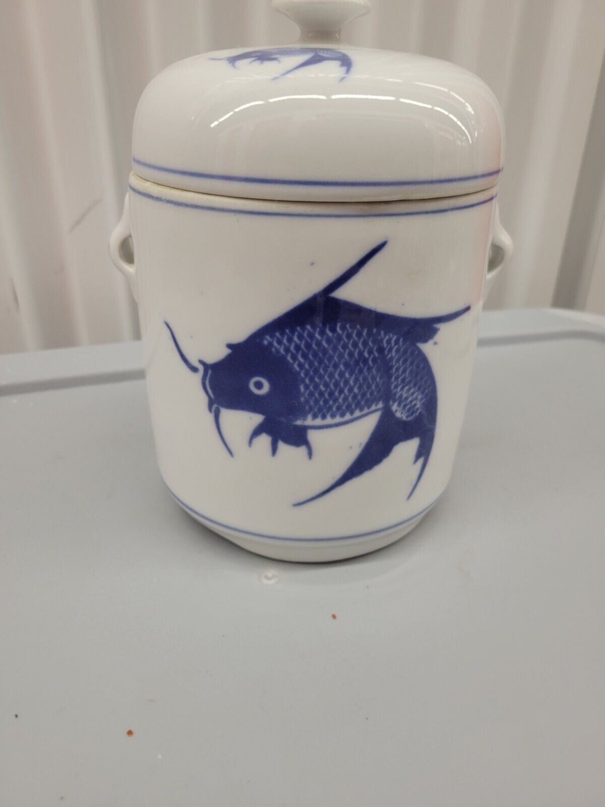 Vintage Asian Blue White Porcelain Koi Fish Ginger Tea Jar Lid Container 7”