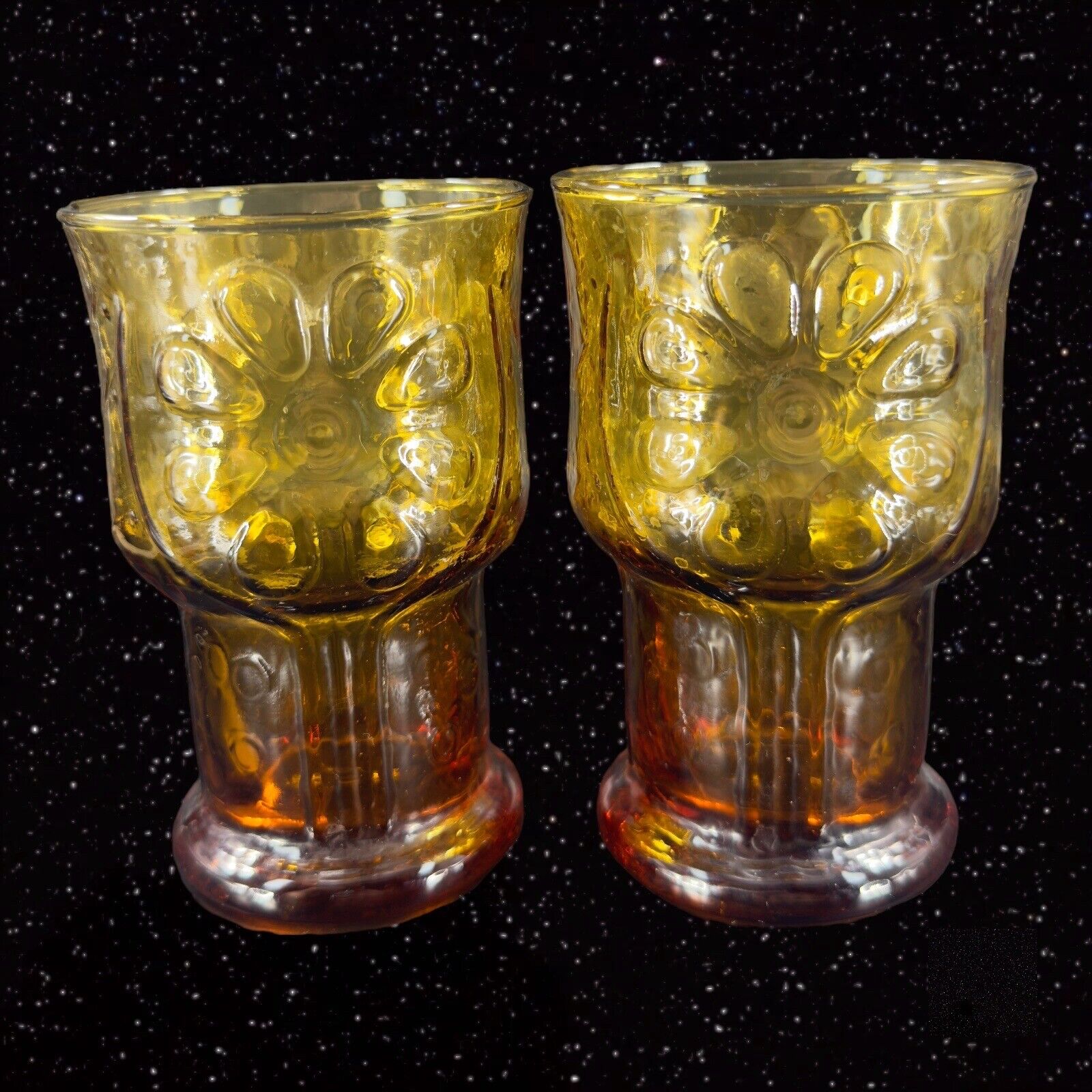Vintage Libbey Amber Country Garden Daisy Flower Water Tea Glasses Tumbler Set 2