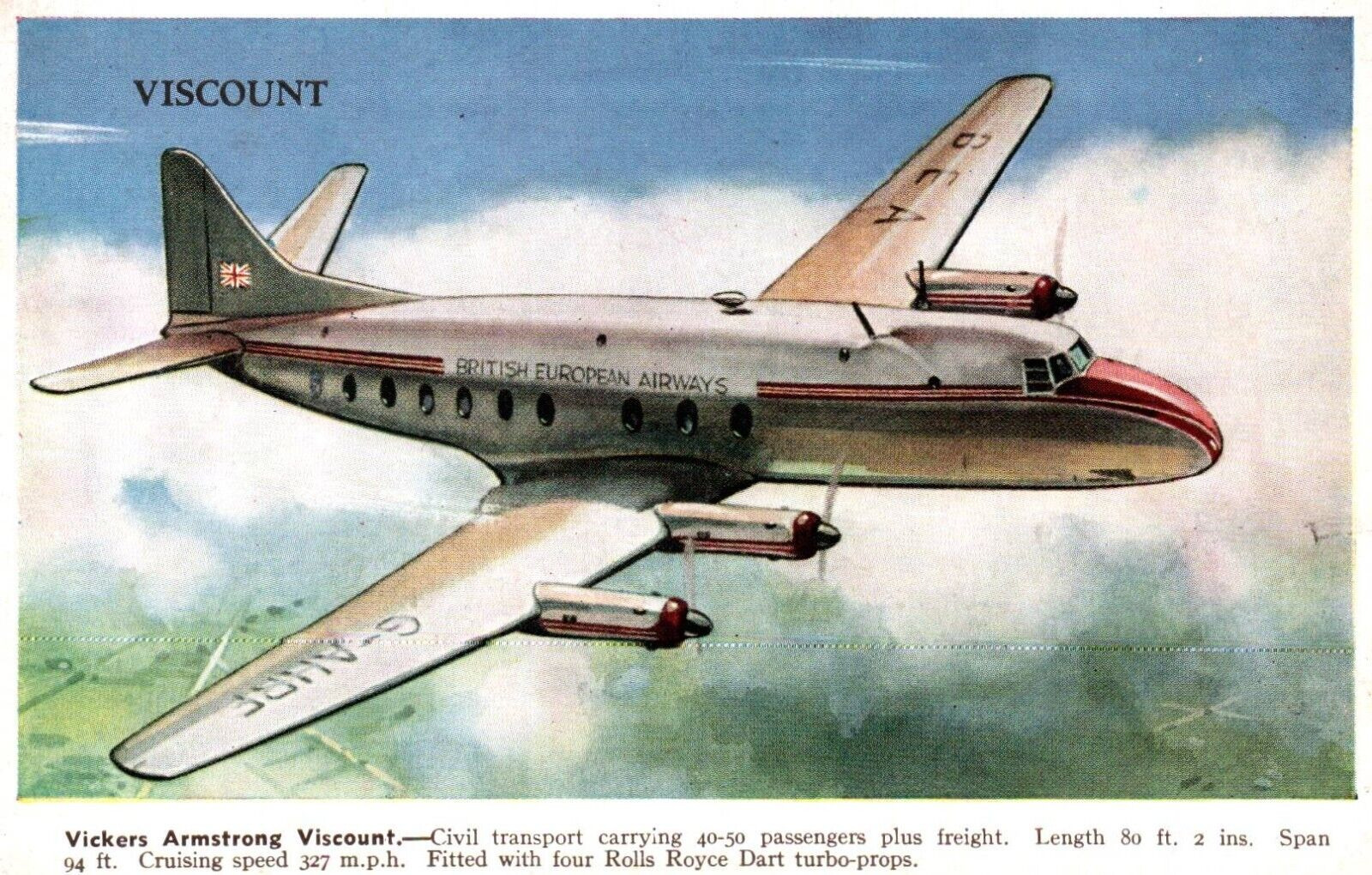 Vickers Armstrong Viscount British European Airways Vintage Postcard