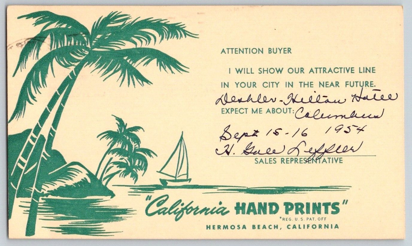 1950's Advert Correspondence Postcard~ California Hand Prints~ Hermosa Beach, CA