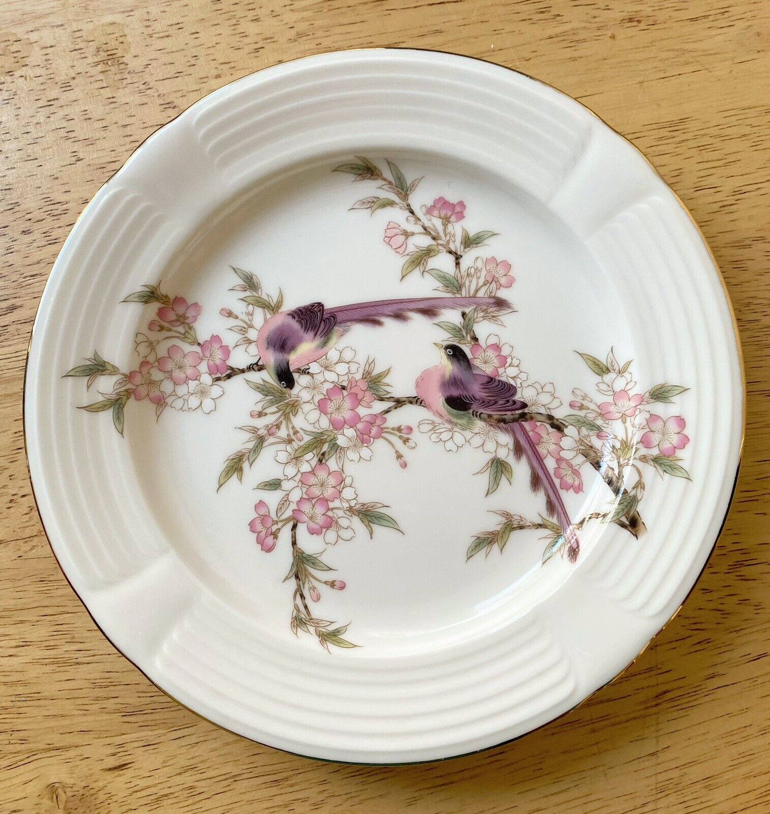 Rare Vtg Toyo Japan Dessert Plate Birds On Pink Flowers Branches Porcelain Dish