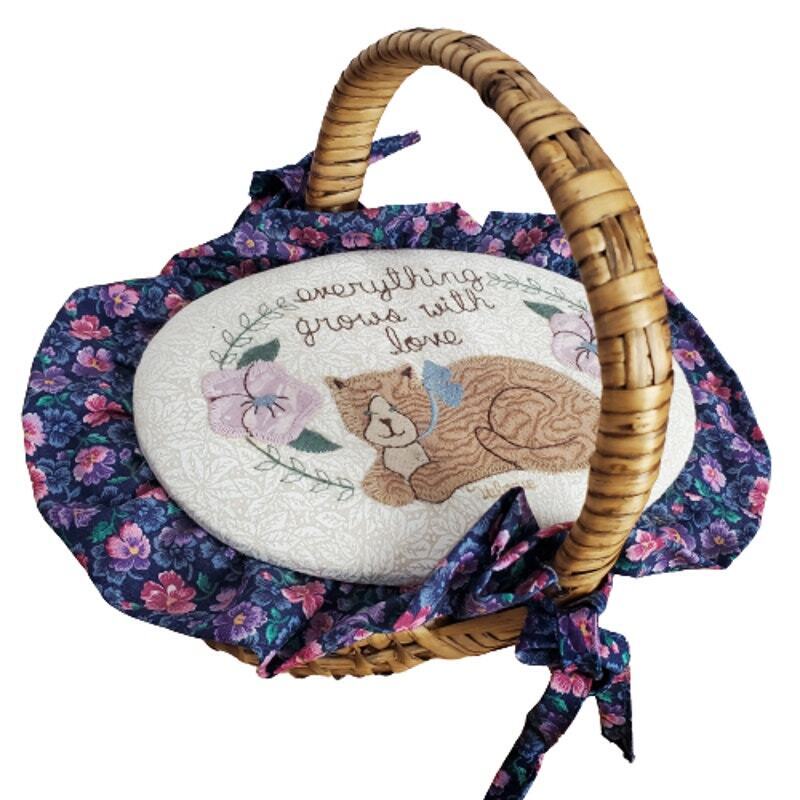 Vintage Cat Embroidered Purple Ruffle Covered Wicker Basket with Lid