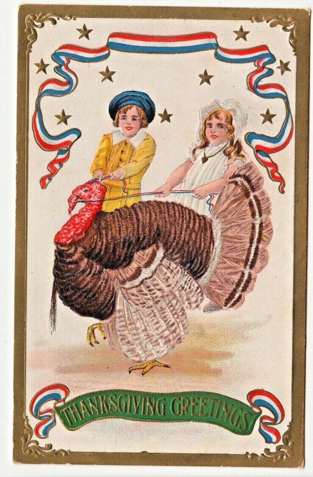 Thanksgiving Vintage Postcard Patriotic Children Turkey Gold Stars SB 259 