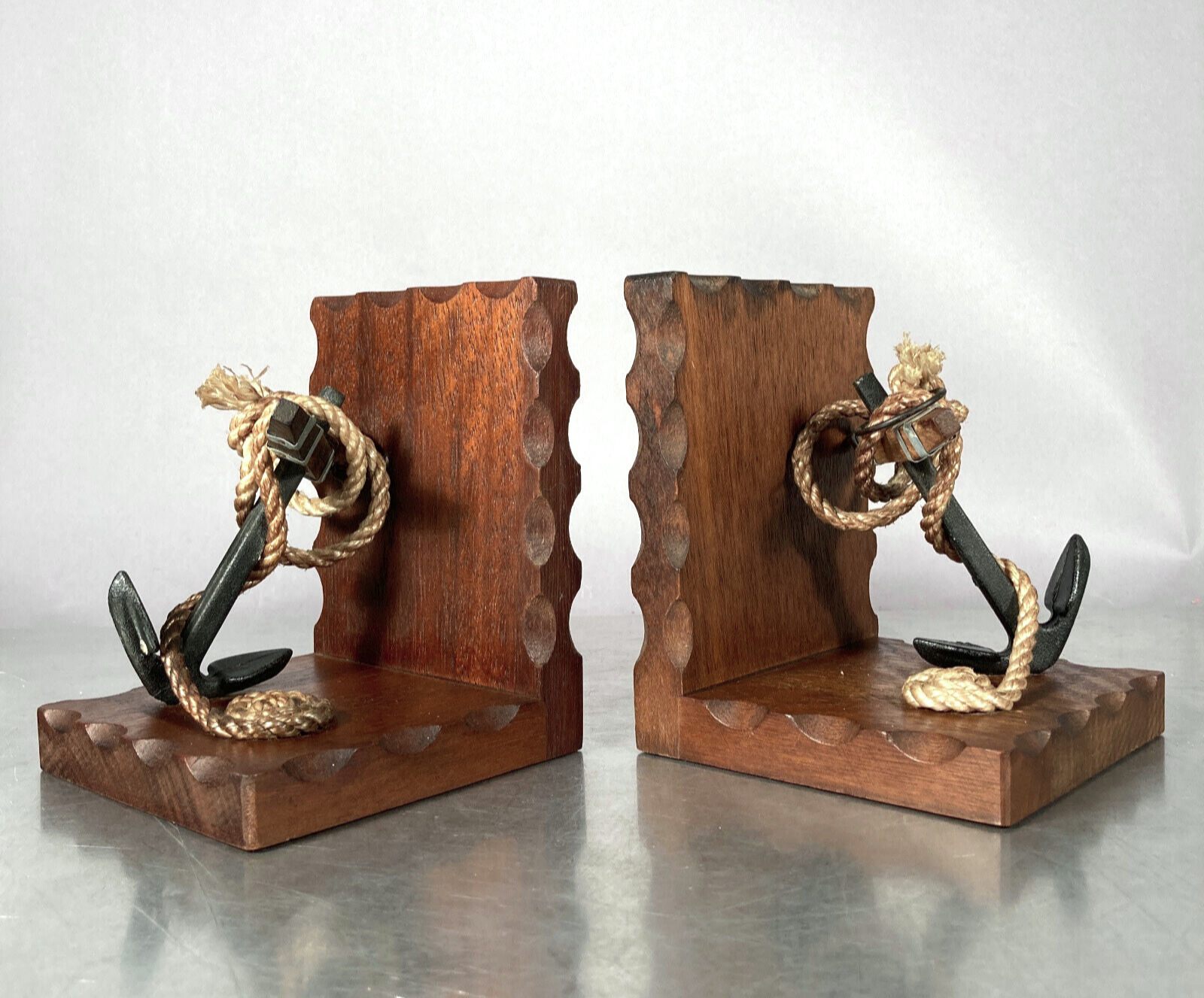 Vintage Pair 2 Nautical Wooden Bookends Anchors Maritime Mid Century MIJ Japan