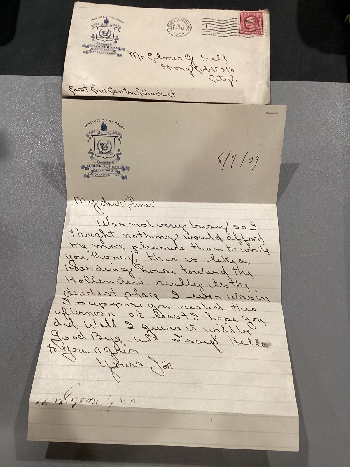 1909 Colonial Hotel Cleveland Ohio Handwritten Letter & Envelope