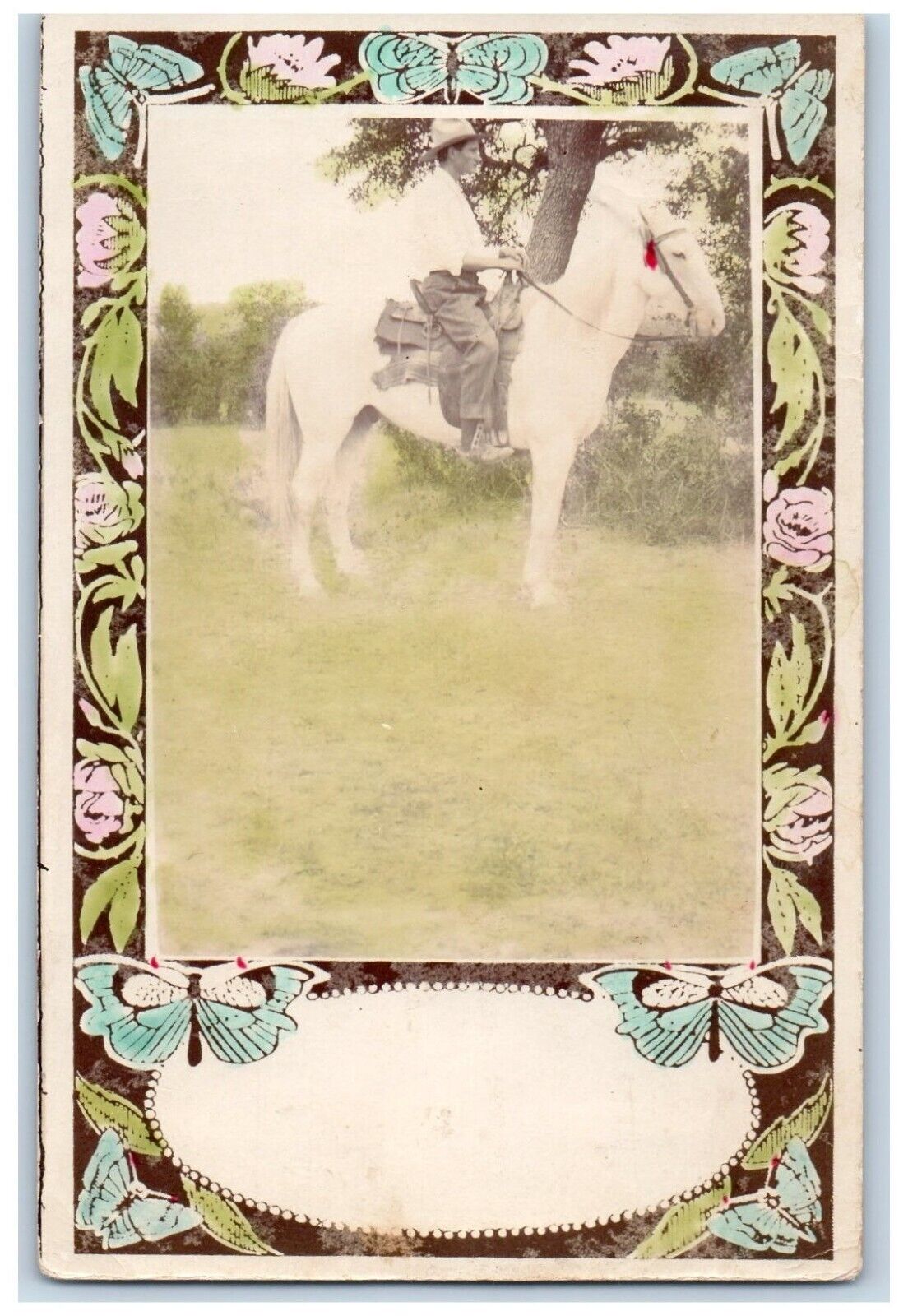 c1910\'s Horse Cowboy In Field Butterflies Unposted Antique RPPC Photo Postcard